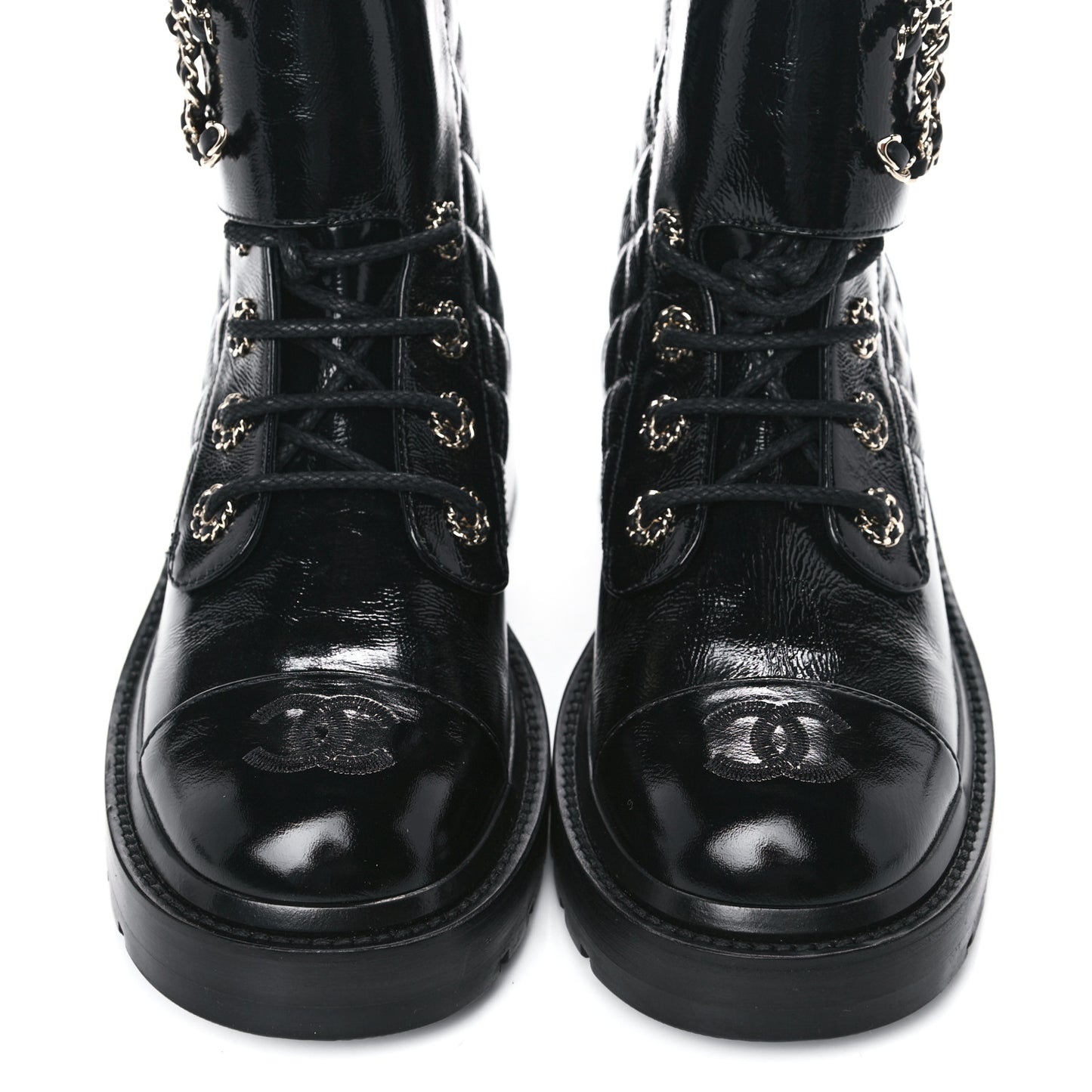 Shiny Calfskin Quilted Lace Up Combat Boots 37 Black