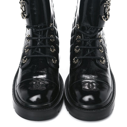 Chanel Shiny Calfskin Quilted Lace Up Combat Boots 37 Black 9 of 13