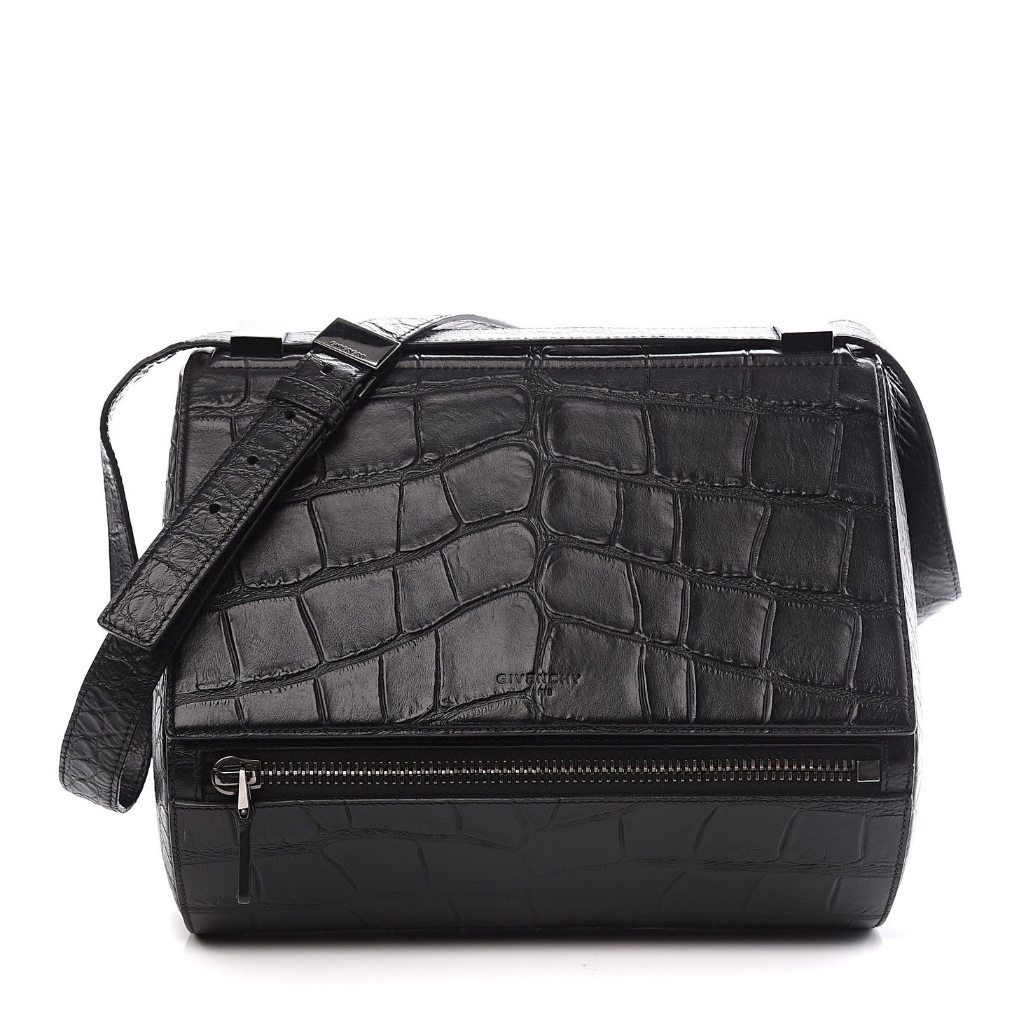 Calfskin Crocodile Embossed Medium Pandora Box Crossbody Bag Black