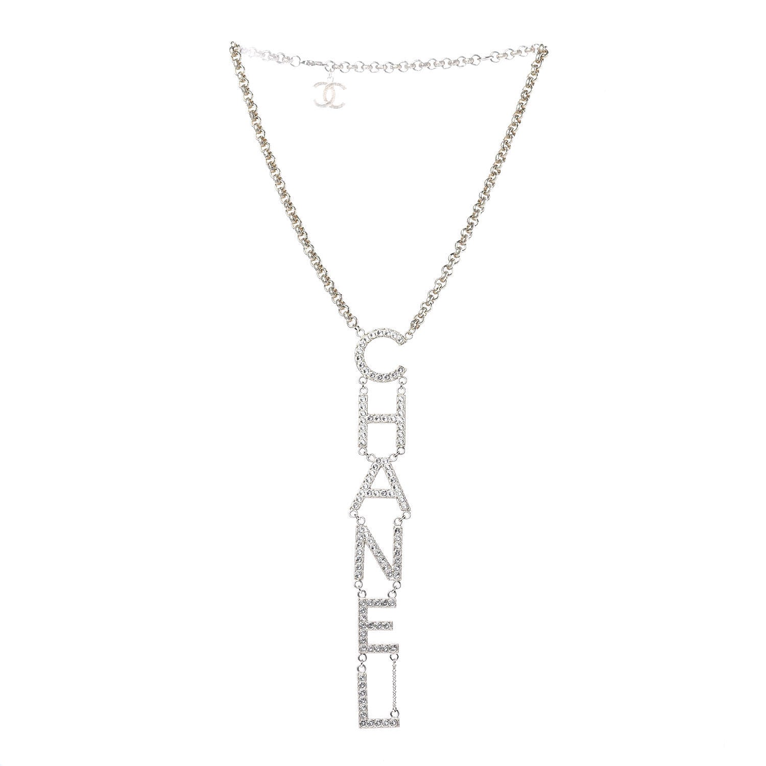 Chanel Metal Crystal Cha-Nel Logo Necklace Gold 3 of 5