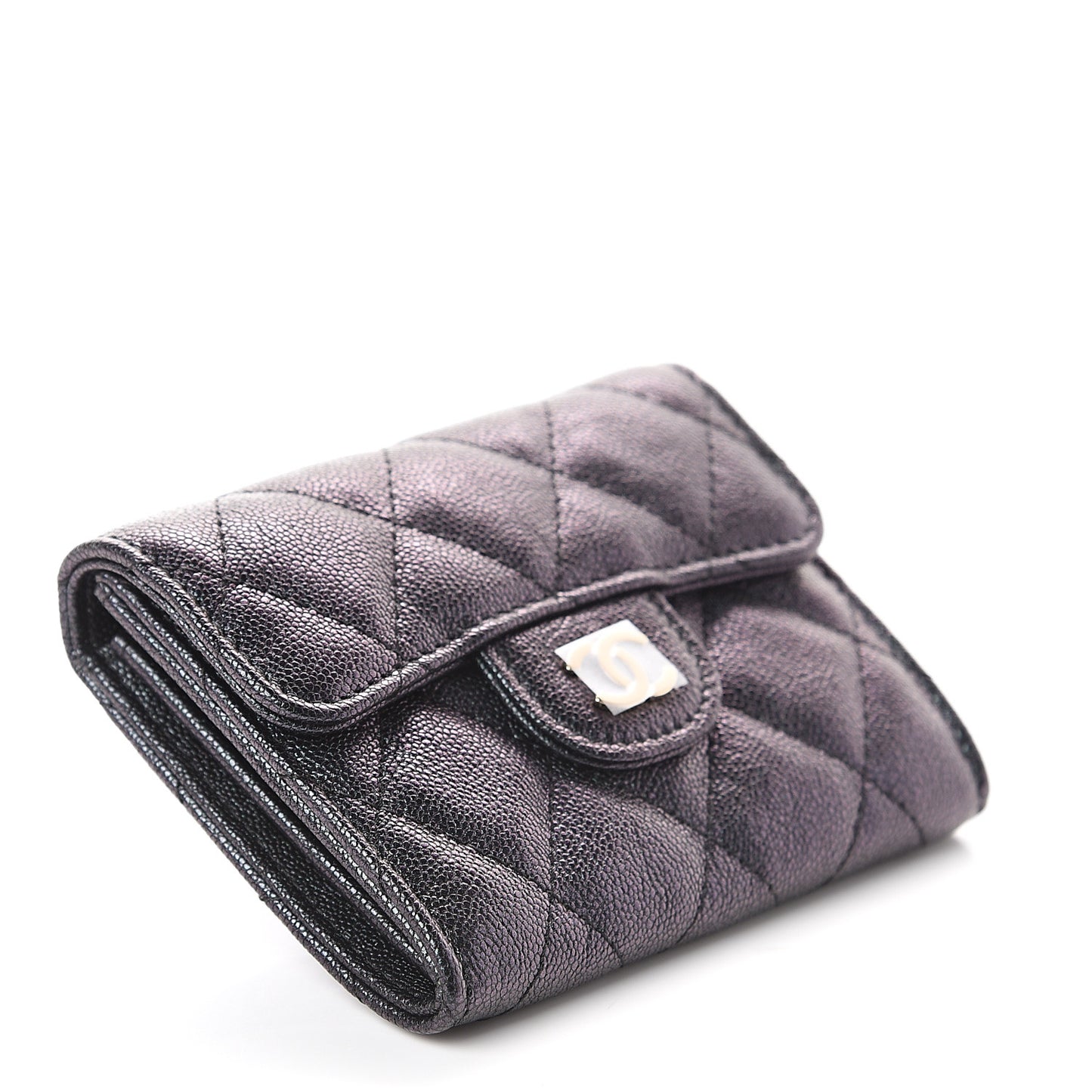 Iridescent Caviar Quilted Flap Card Holder Wallet Black