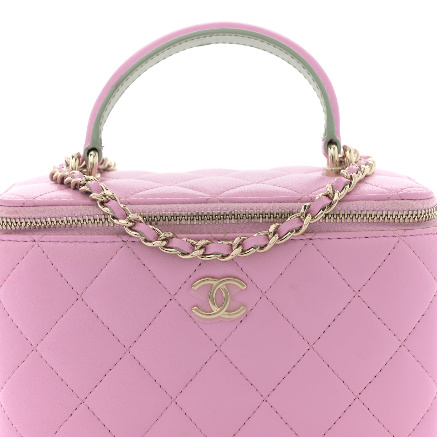 Lambskin Quilted Small Top Handle Vanity Case With Chain Lilac Light Green