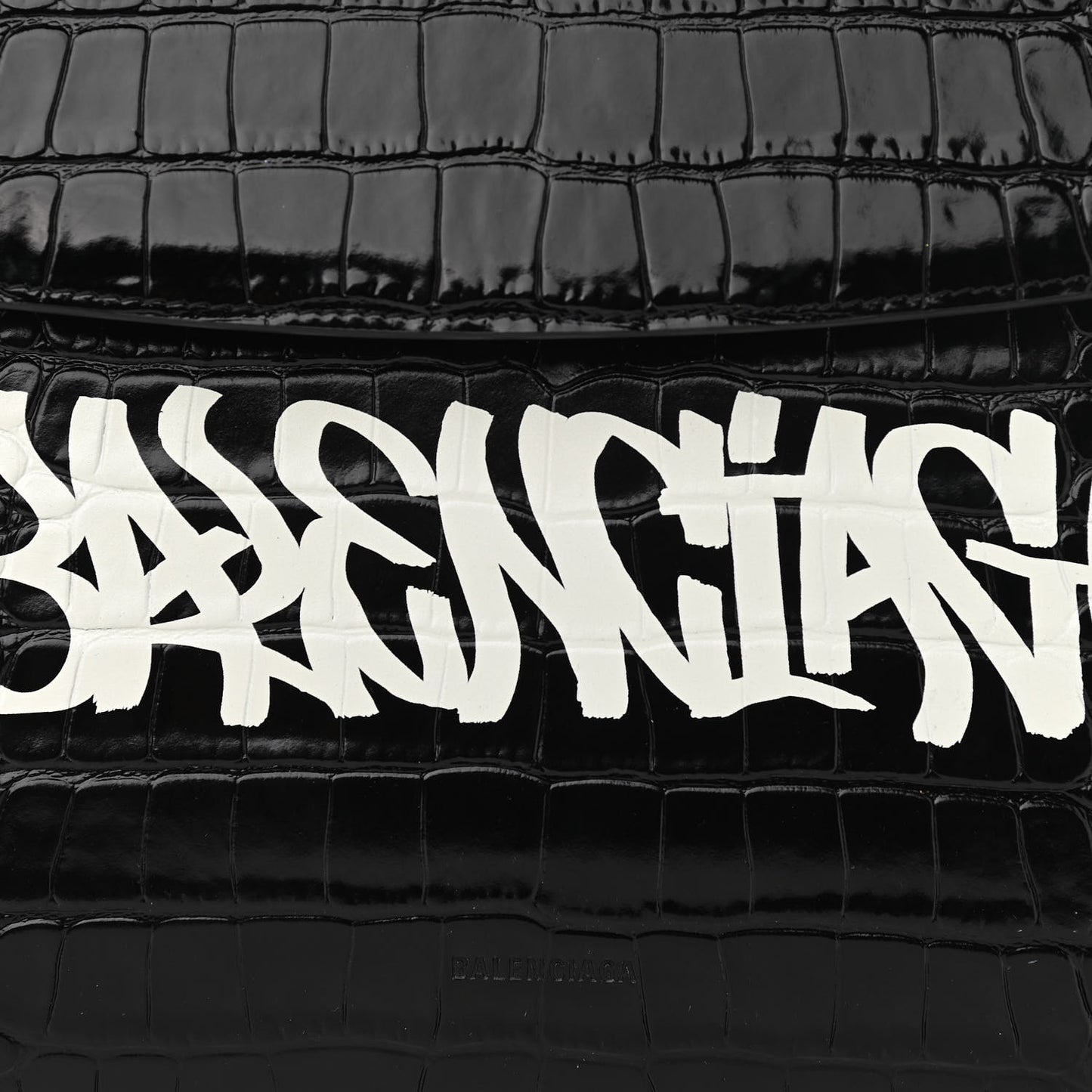 Shiny Calfskin Graffiti Logo Crocodile Embossed Medium Ghost Shoulder Bag Black White
