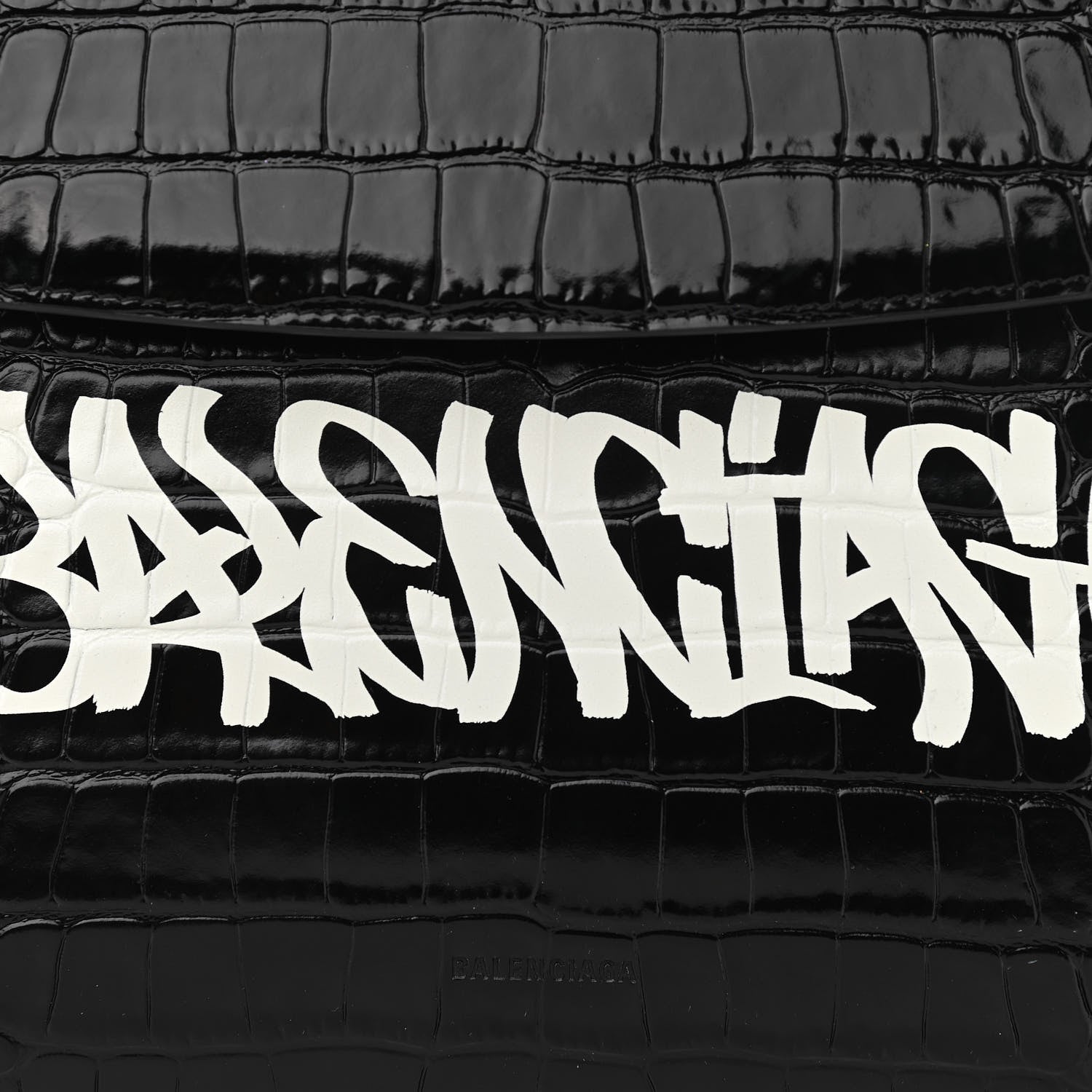Balenciaga Shiny Calfskin Graffiti Logo Crocodile Embossed Medium Ghost Shoulder Bag Black White 11 of 11