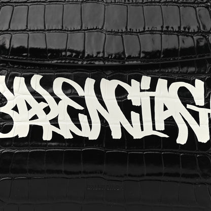 Balenciaga Shiny Calfskin Graffiti Logo Crocodile Embossed Medium Ghost Shoulder Bag Black White 11 of 11
