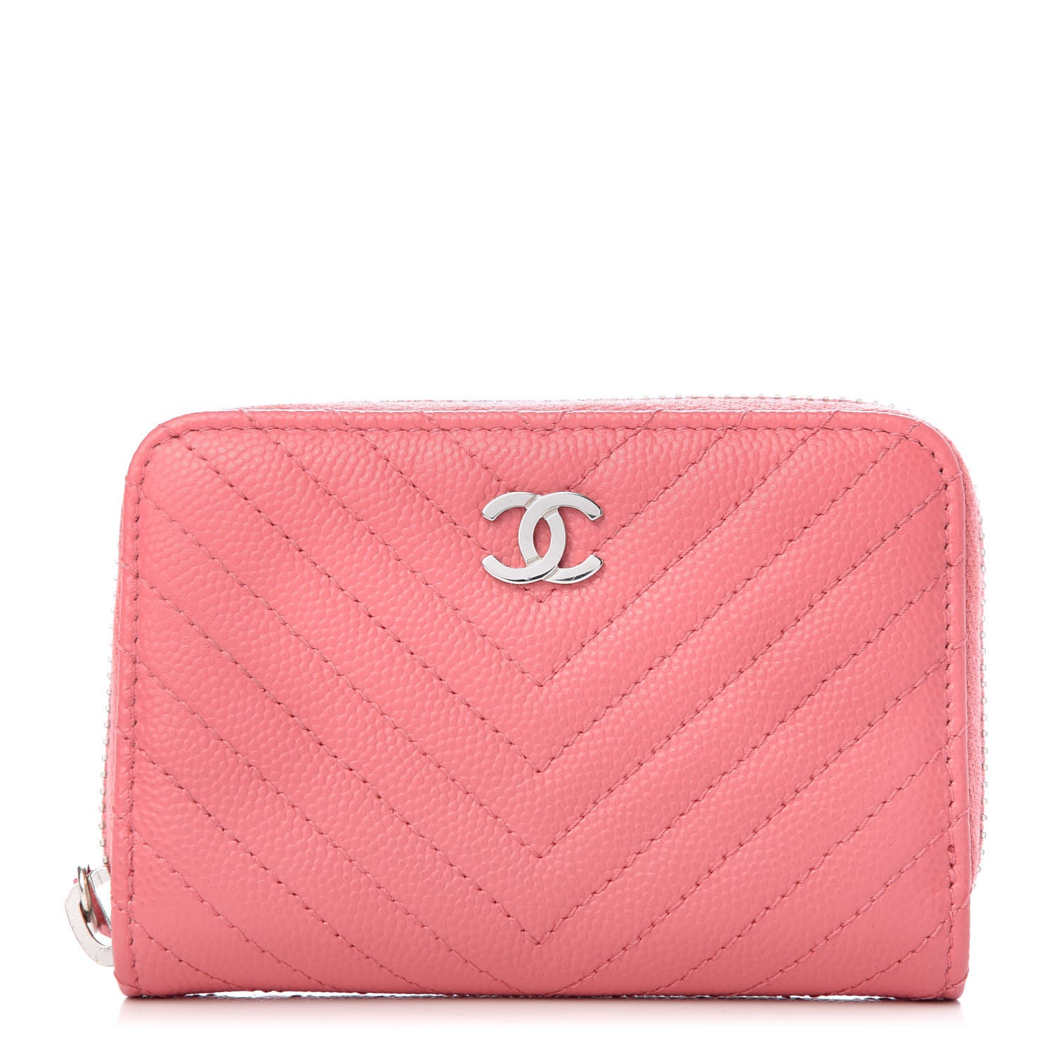 Chanel Caviar Chevron Quilted Zip Around Coin Purse Pink 1 of 8