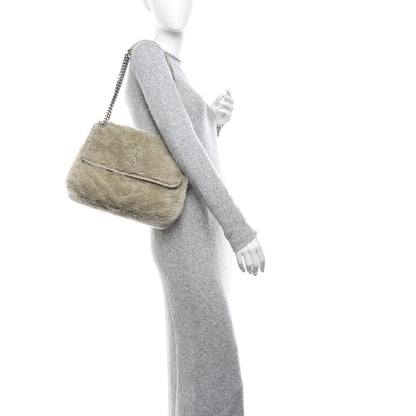 Saint Laurent Calfskin Shearling Monogram Medium Niki Chain Satchel Grey 2 of 10