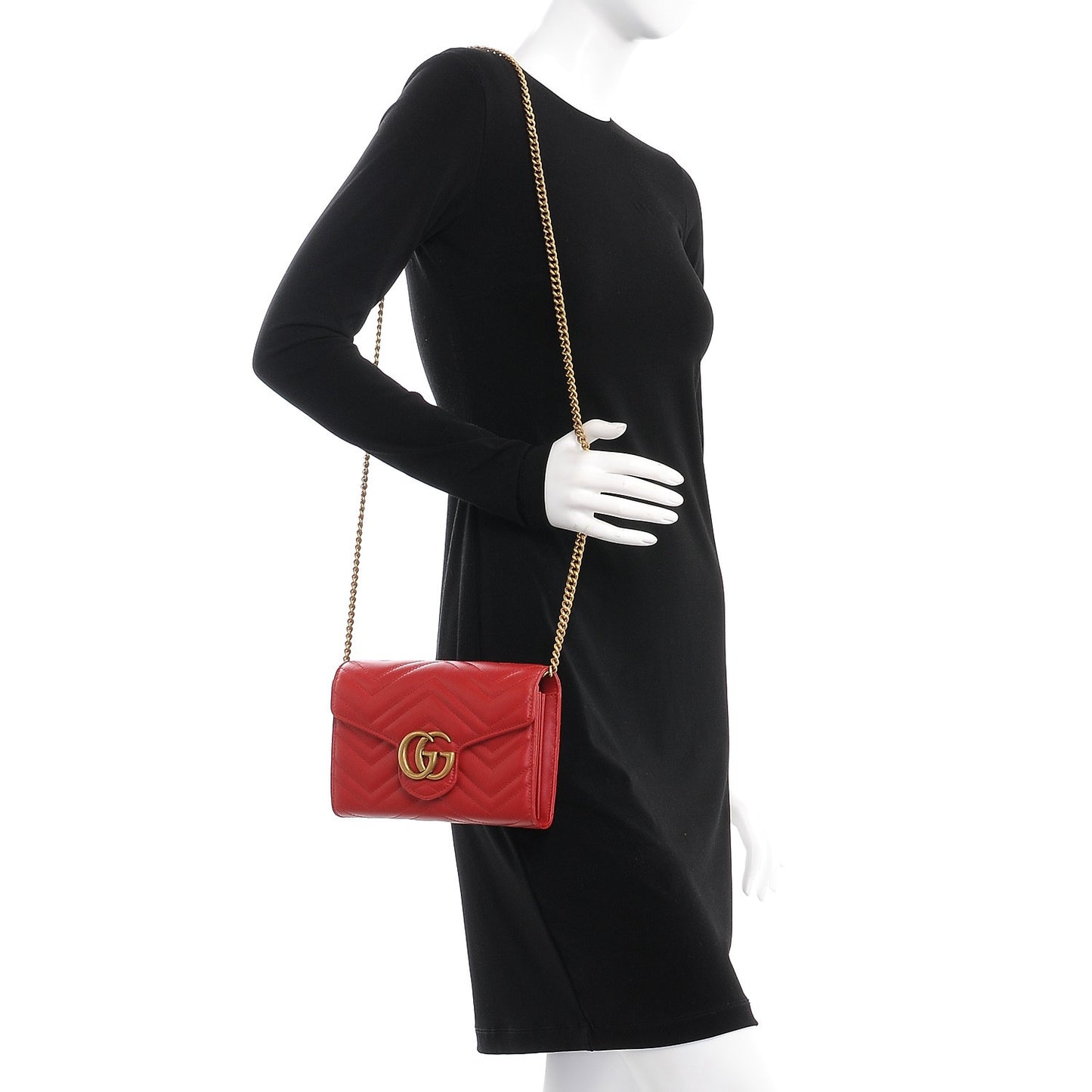 Calfskin Matelasse GG Marmont Chain Wallet Hibiscus Red
