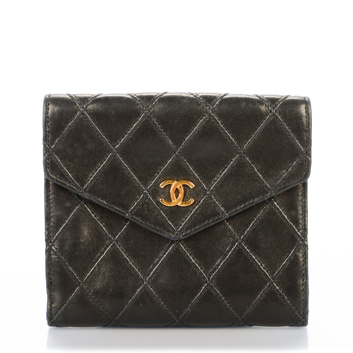 Calfskin Diamond Stitched Compact Wallet Black