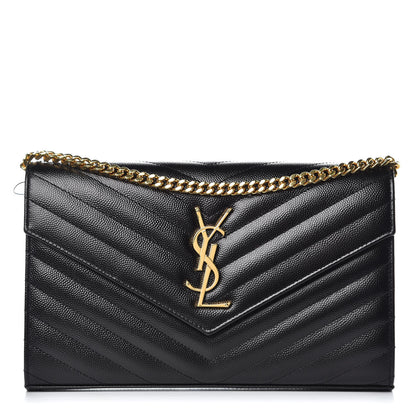 Saint Laurent Grain De Poudre Matelasse Chevron Monogram Chain Wallet Black 1 of 9