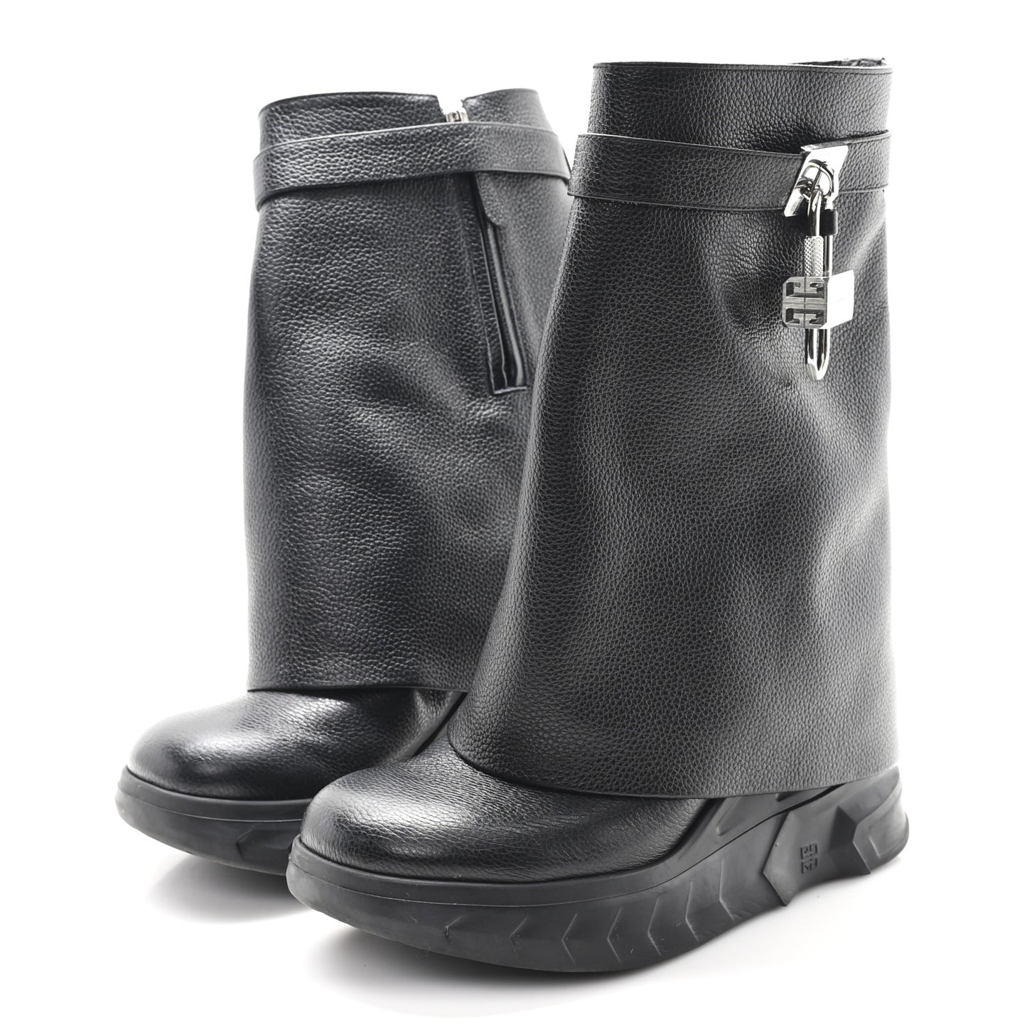 Grained Calfskin Shark Lock Biker Ankle Boots 38 Black