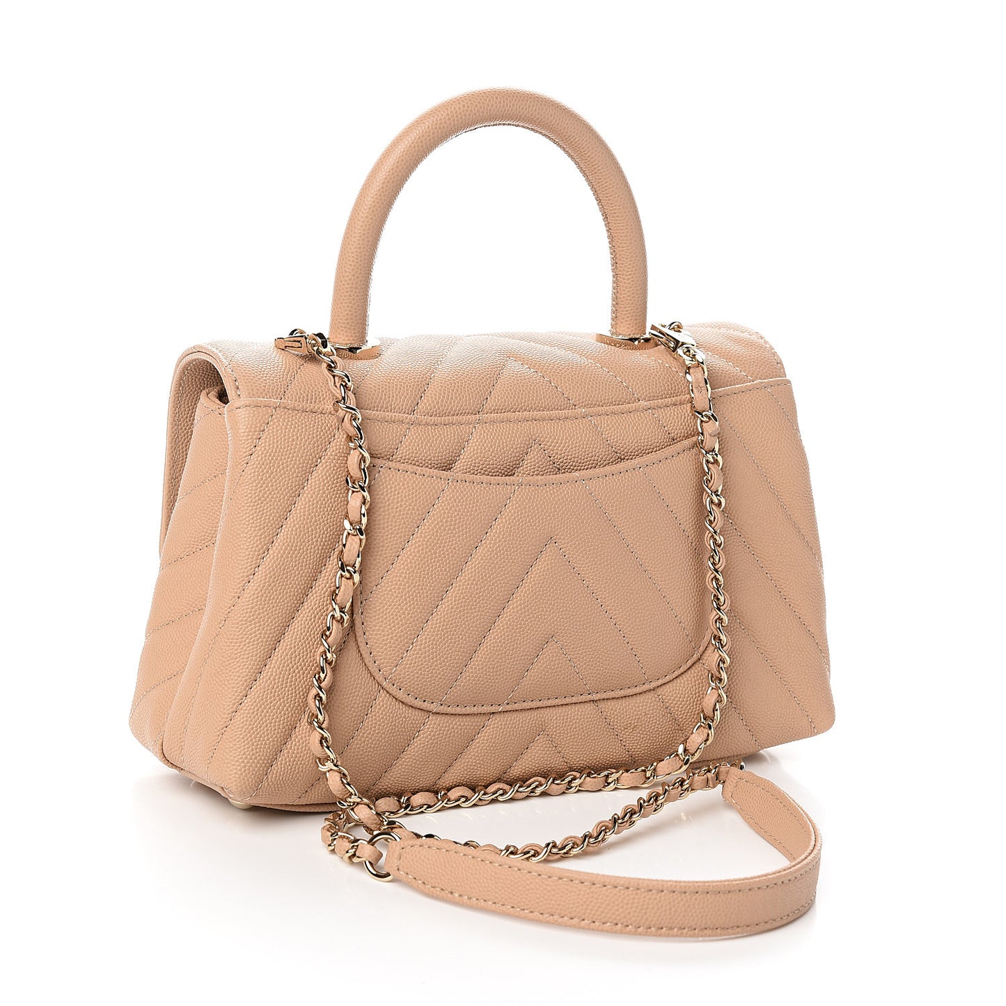 Caviar Chevron Quilted Mini Coco Handle Flap Beige