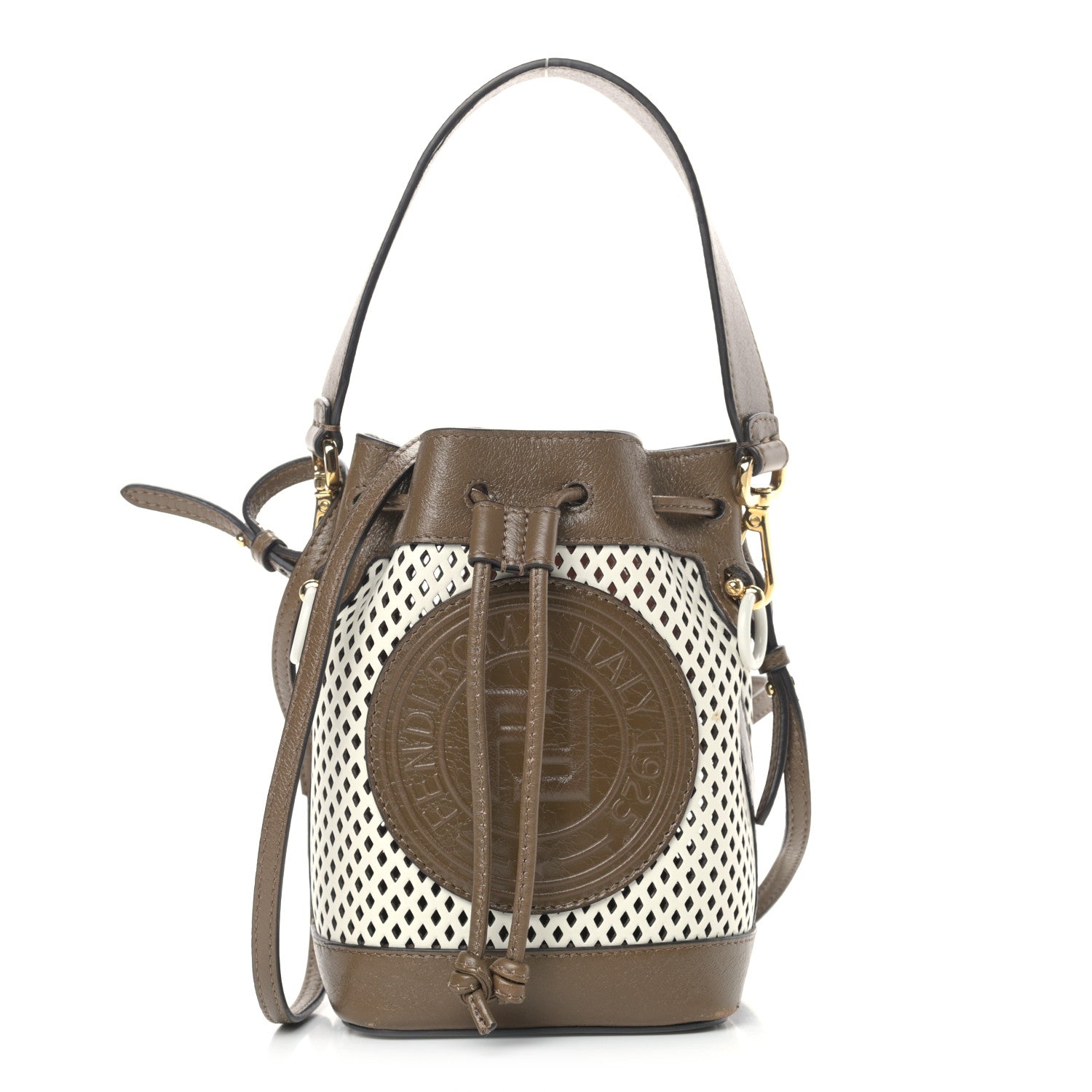 Fendi Vitello Liberty Glossy Lambskin F is Fendi Perforated Mini Mon Tresor Bucket Bag White Ice Rust Maya 1 of 12