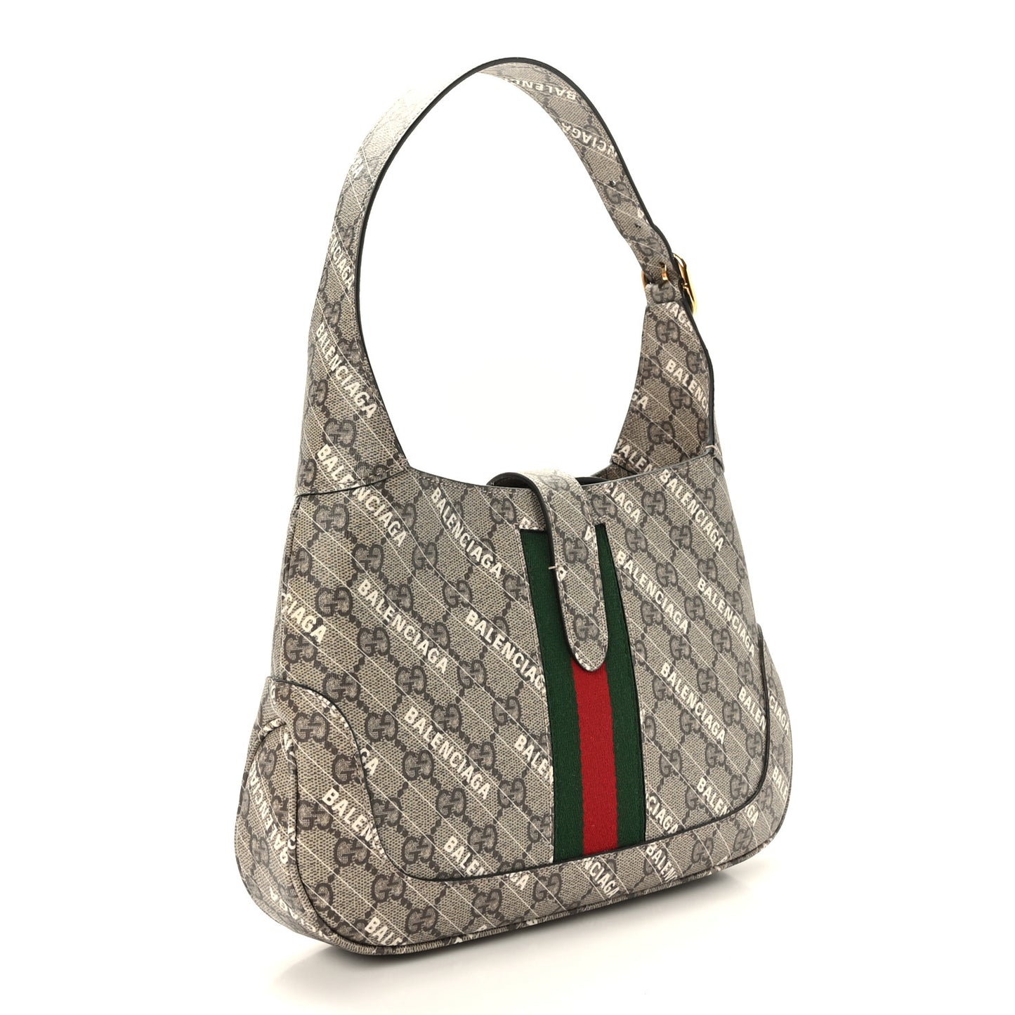 X BALENCIAGA GG Supreme Monogram Striped Logo Print Web Small Jackie 1961 Hobo Beige Ebony Mystic White