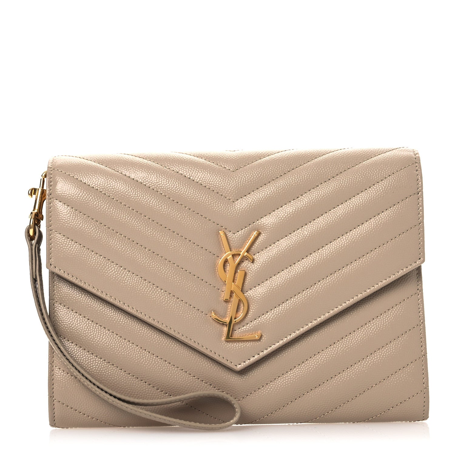Saint Laurent Grain De Poudre Matelasse Chevron Monogram Envelope Clutch Dark Beige 1 of 11