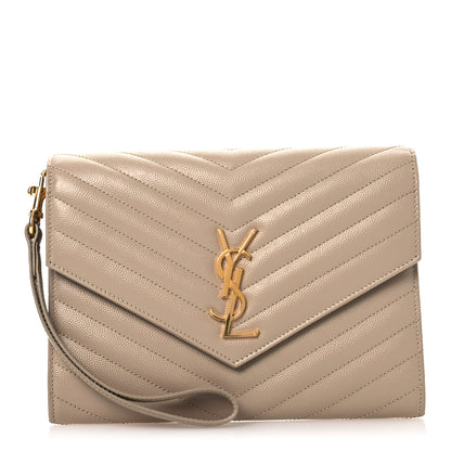 Saint Laurent Grain De Poudre Matelasse Chevron Monogram Envelope Clutch Dark Beige 1 of 11