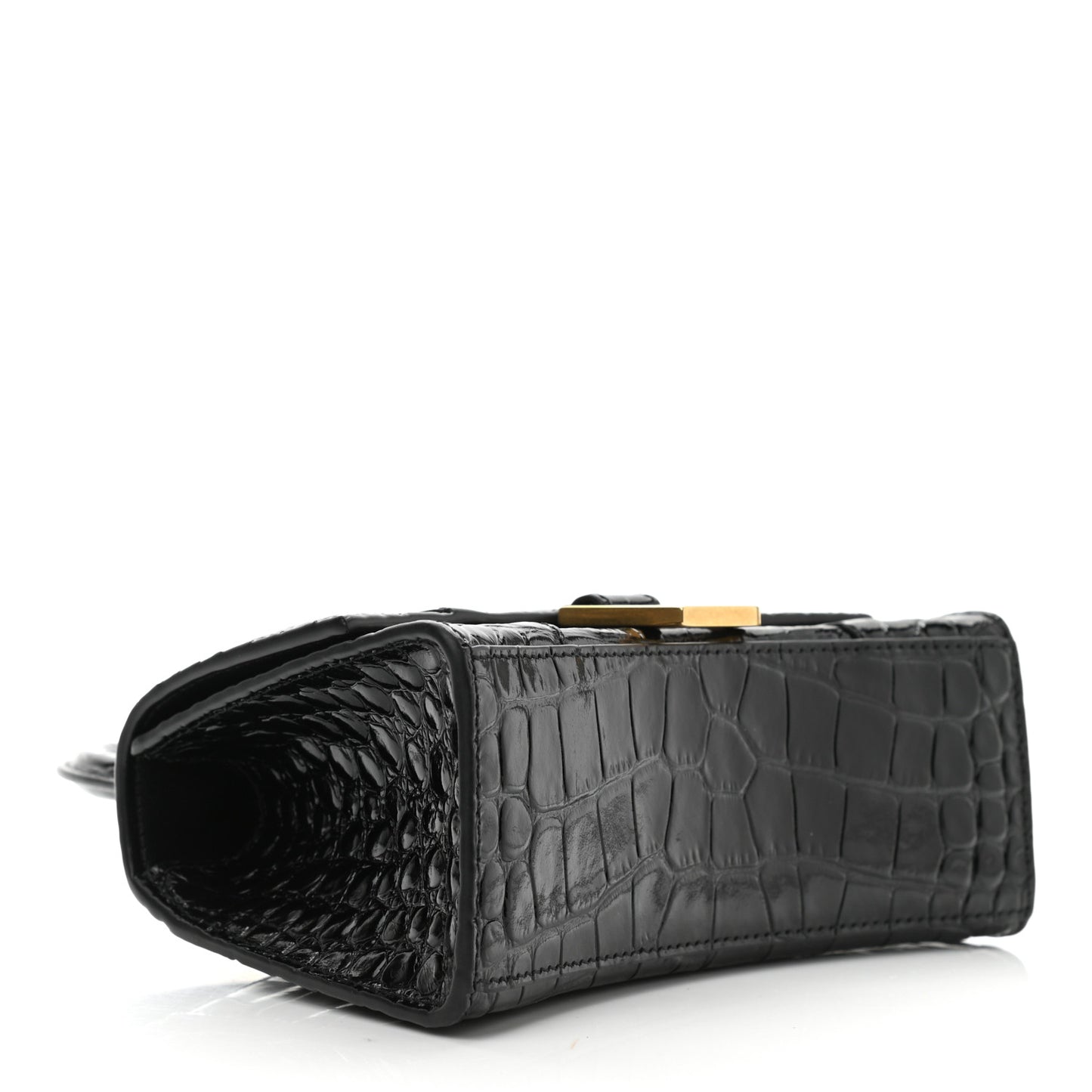 Shiny Calfskin Crocodile Embossed Hourglass Top Handle Bag XS Black