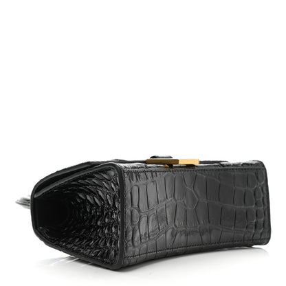 Balenciaga Shiny Calfskin Crocodile Embossed Hourglass Top Handle Bag XS Black 4 of 10