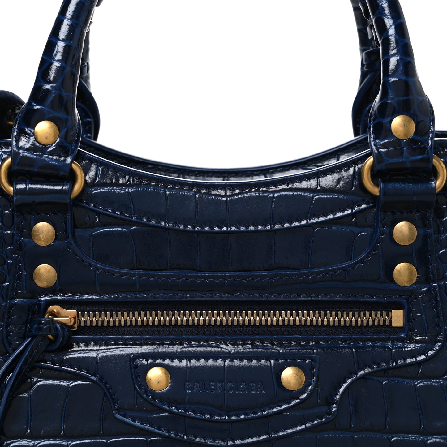 Shiny Supple Calfskin Crocodile Embossed Neo Classic Gold Hardware S City Navy