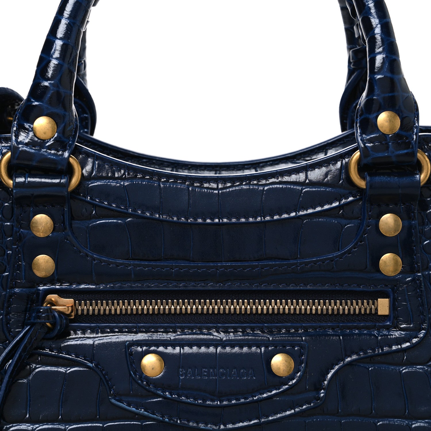 Balenciaga Shiny Supple Calfskin Crocodile Embossed Neo Classic Gold Hardware S City Navy 8 of 10
