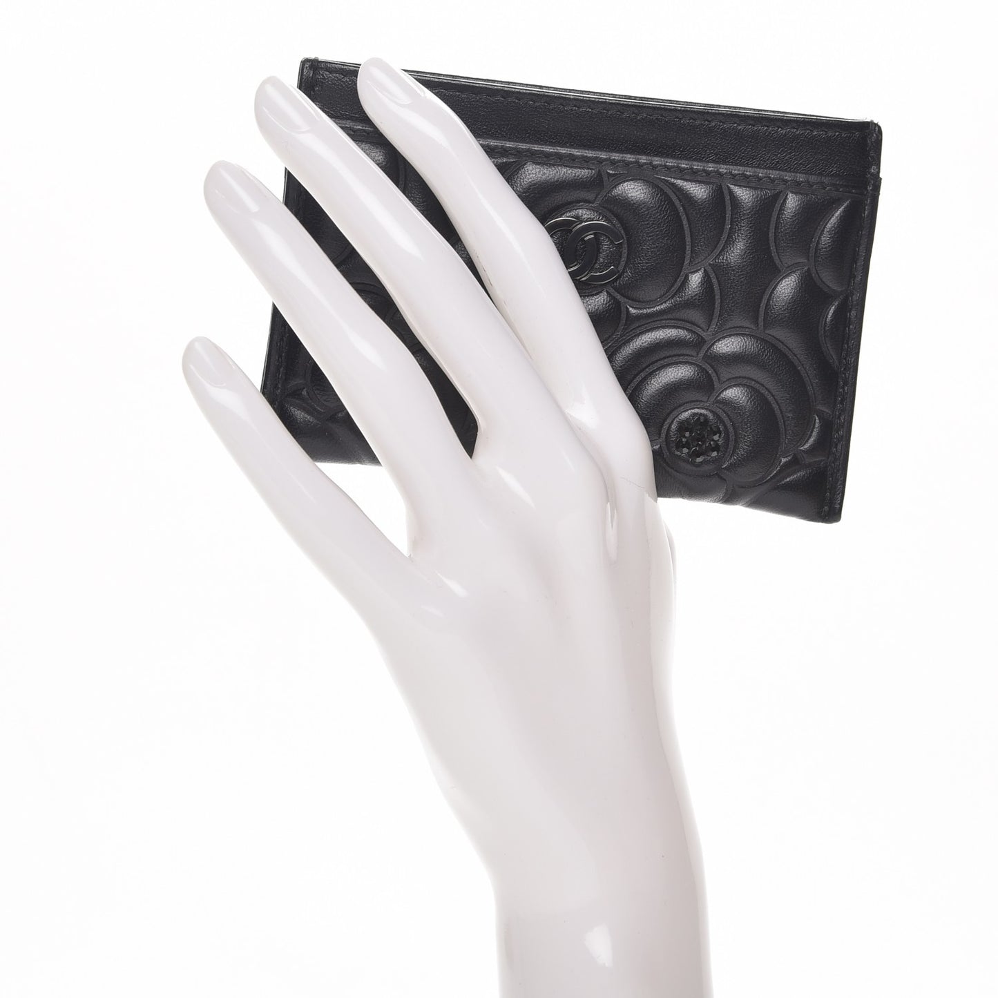 Lambskin Camellia Embossed Card Holder So Black