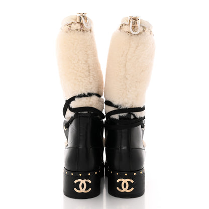 Chanel Shearling Chain Studded CC High Boot 37 White Black 5 of 16