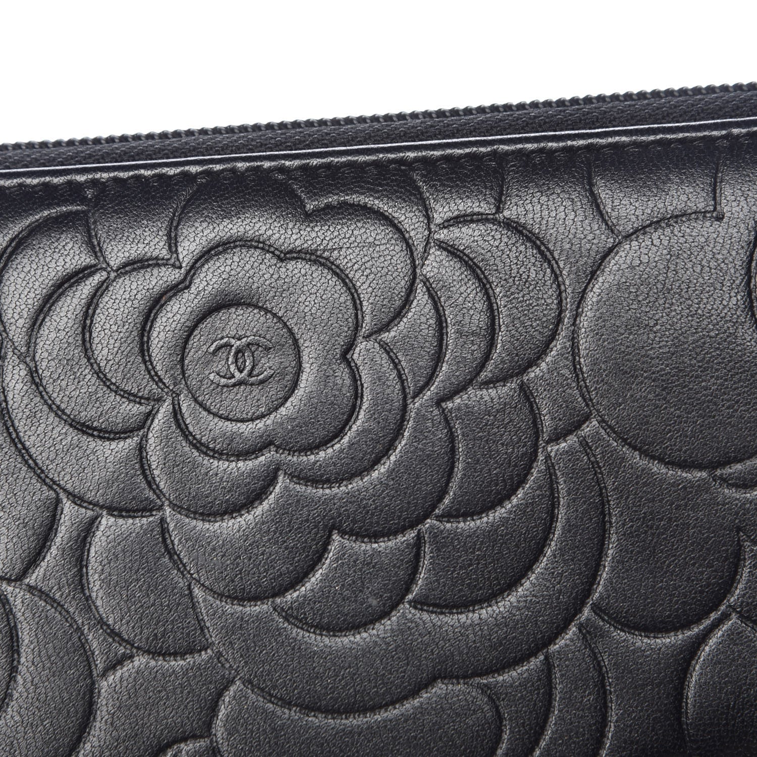 Chanel Lambskin Camellia Embossed Large Zip Around Gusset Wallet Black 12 of 12