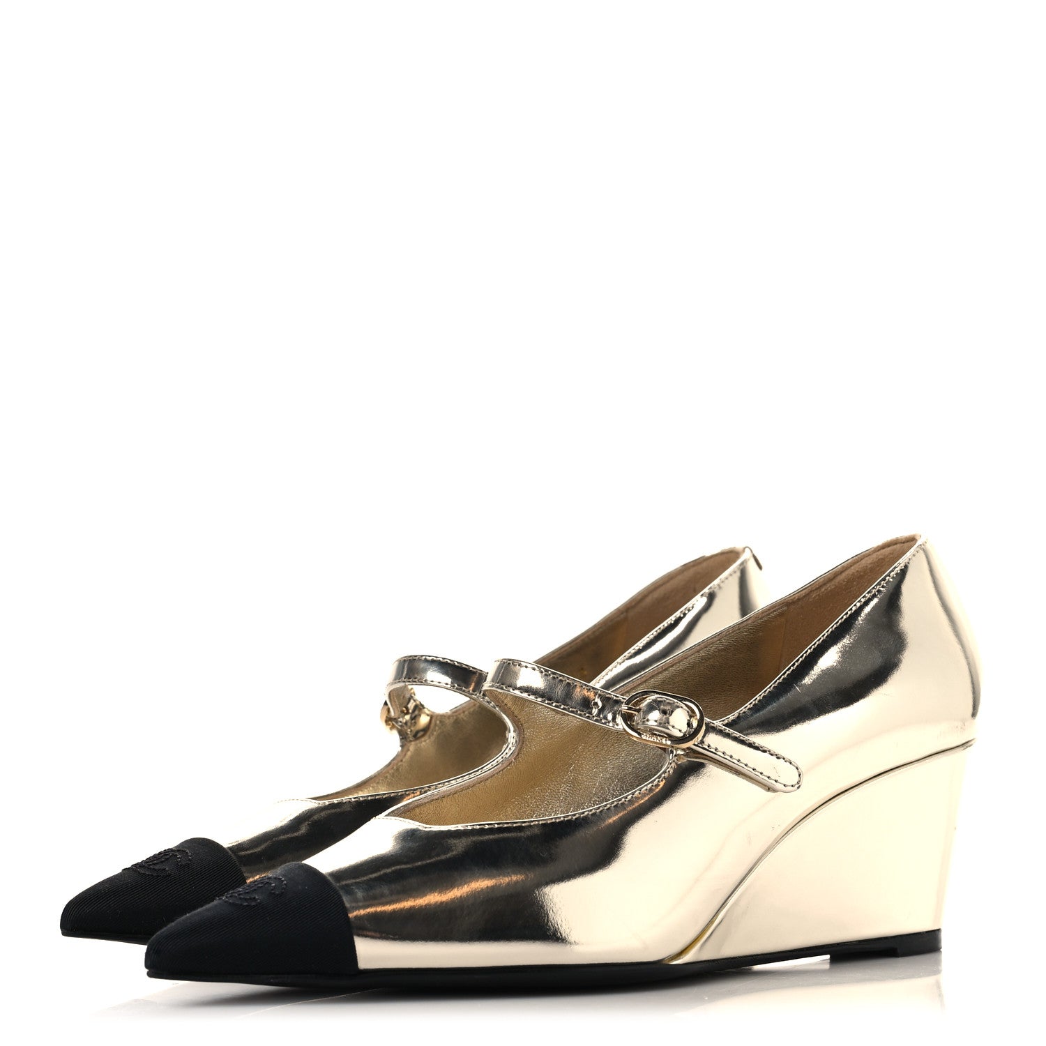 Chanel Laminated Calfskin Grosgrain Cap Toe CC Pointed Toe Wedge Pumps 36 Gold Black 4 of 9