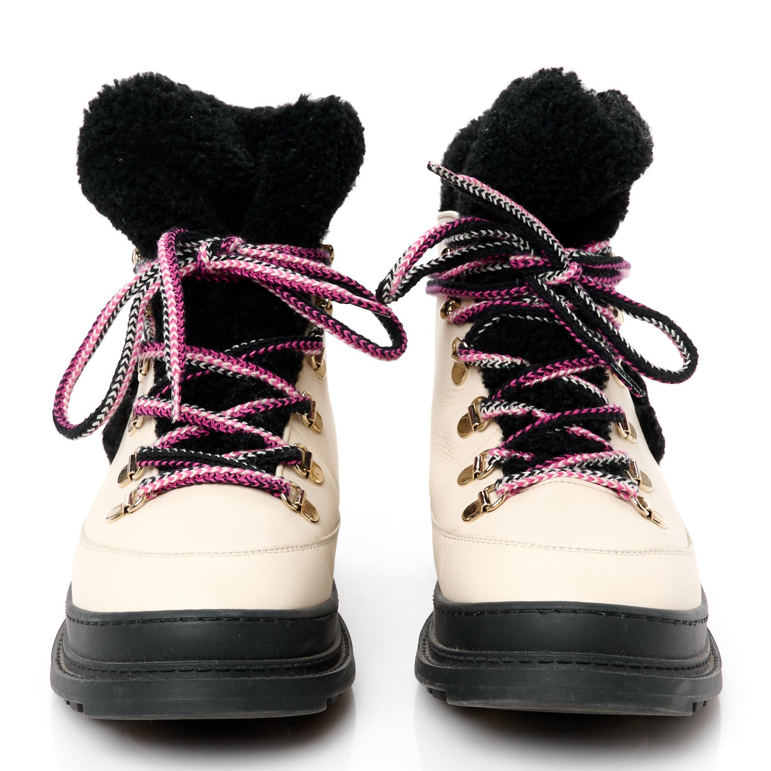Chanel Calfskin Shearling CC Lace Up Boots 38 Black White 1740634