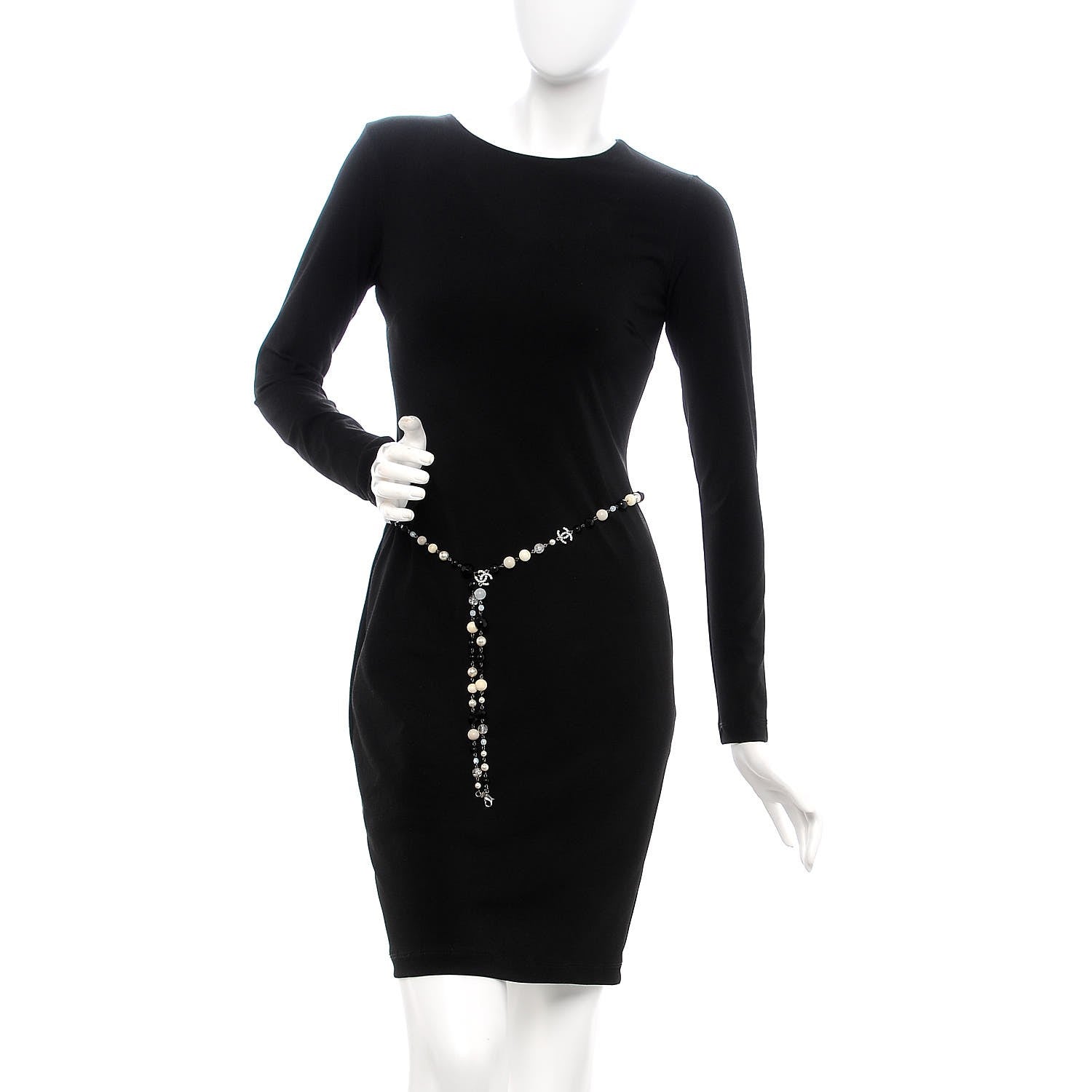 Chanel Pearl Crystal Bead CC Long Necklace Black Silver 3 of 7