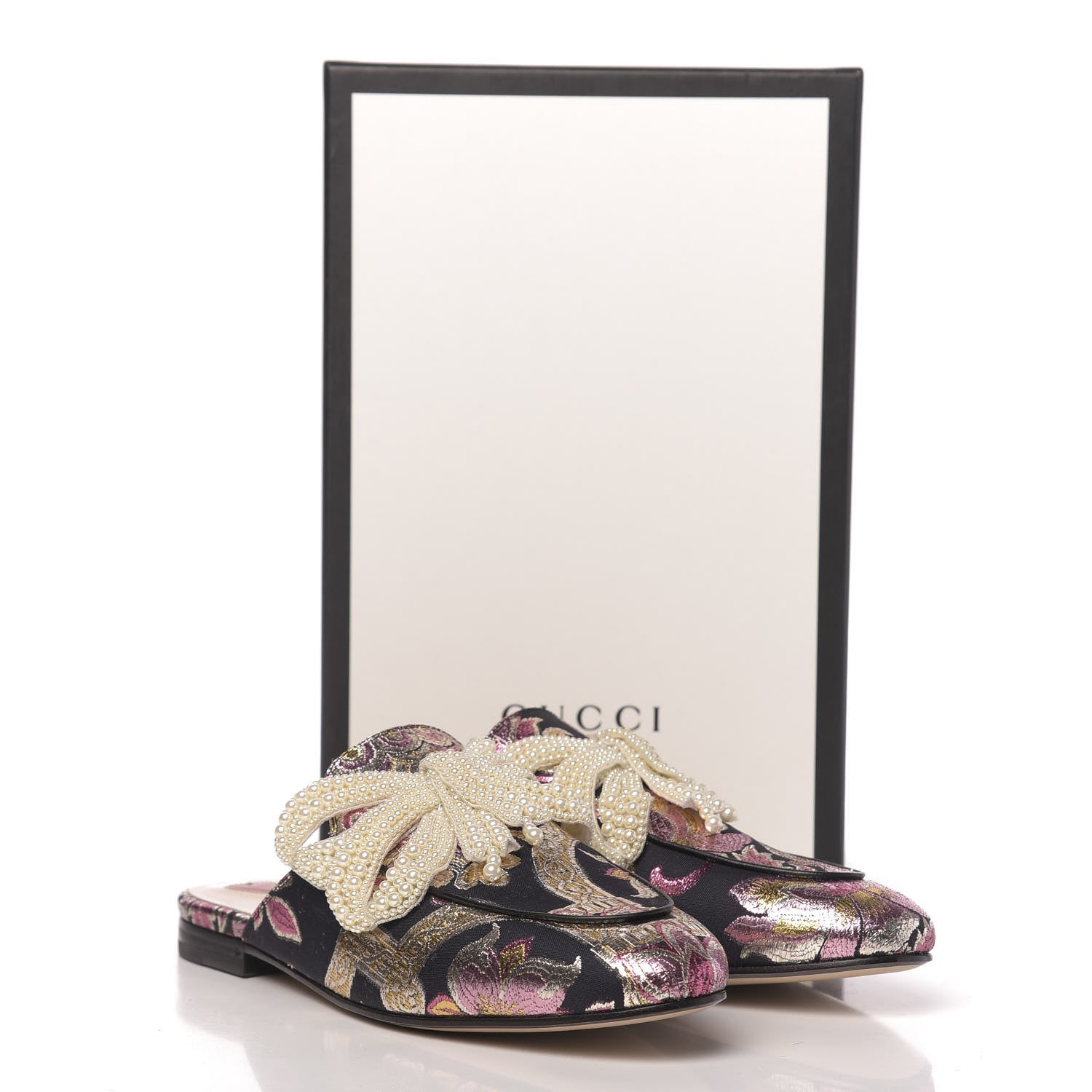 Gucci Iridescent Brocade Pearl Bow Womens Princetown Slippers 39.5 Black Pink 9 of 9