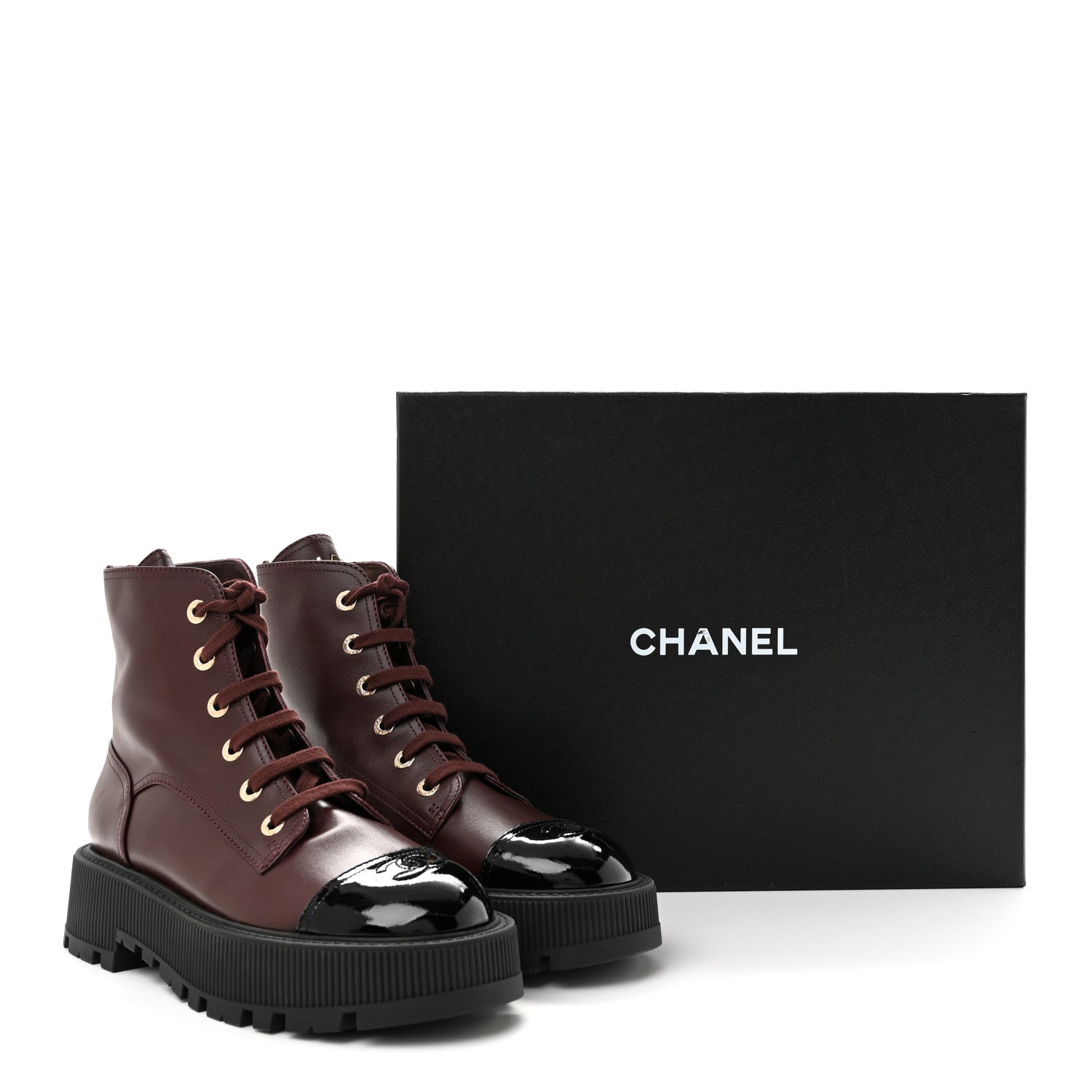 Chanel Calfskin Patent Calfskin CC Lace Up Combat Boots 40 Burgundy Black 10 of 10
