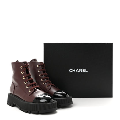 Chanel Calfskin Patent Calfskin CC Lace Up Combat Boots 40 Burgundy Black 10 of 10