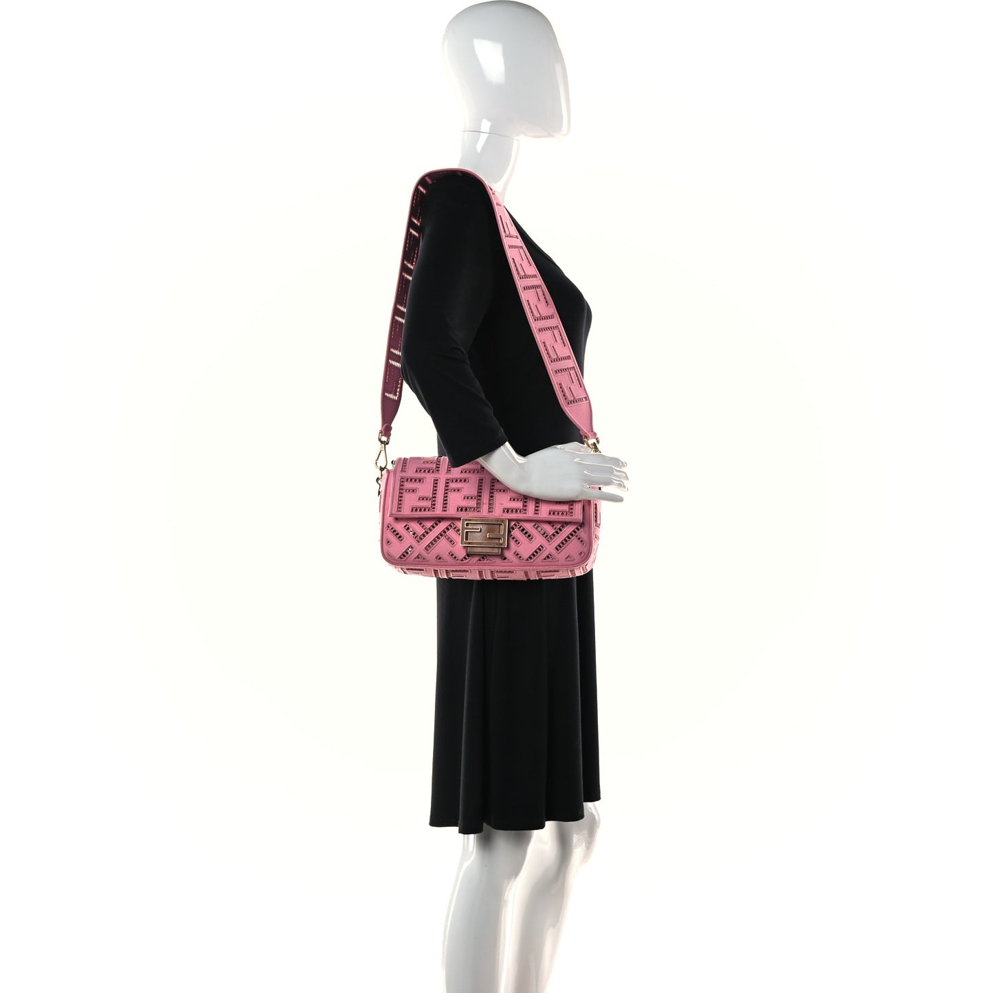 Canvas Cuoio Agata FF Ajour Embroidered Baguette Ciclamino Cuoio