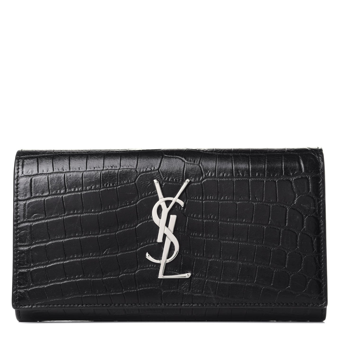 Calfskin Crocodile Embossed Monogram Flap Wallet Black