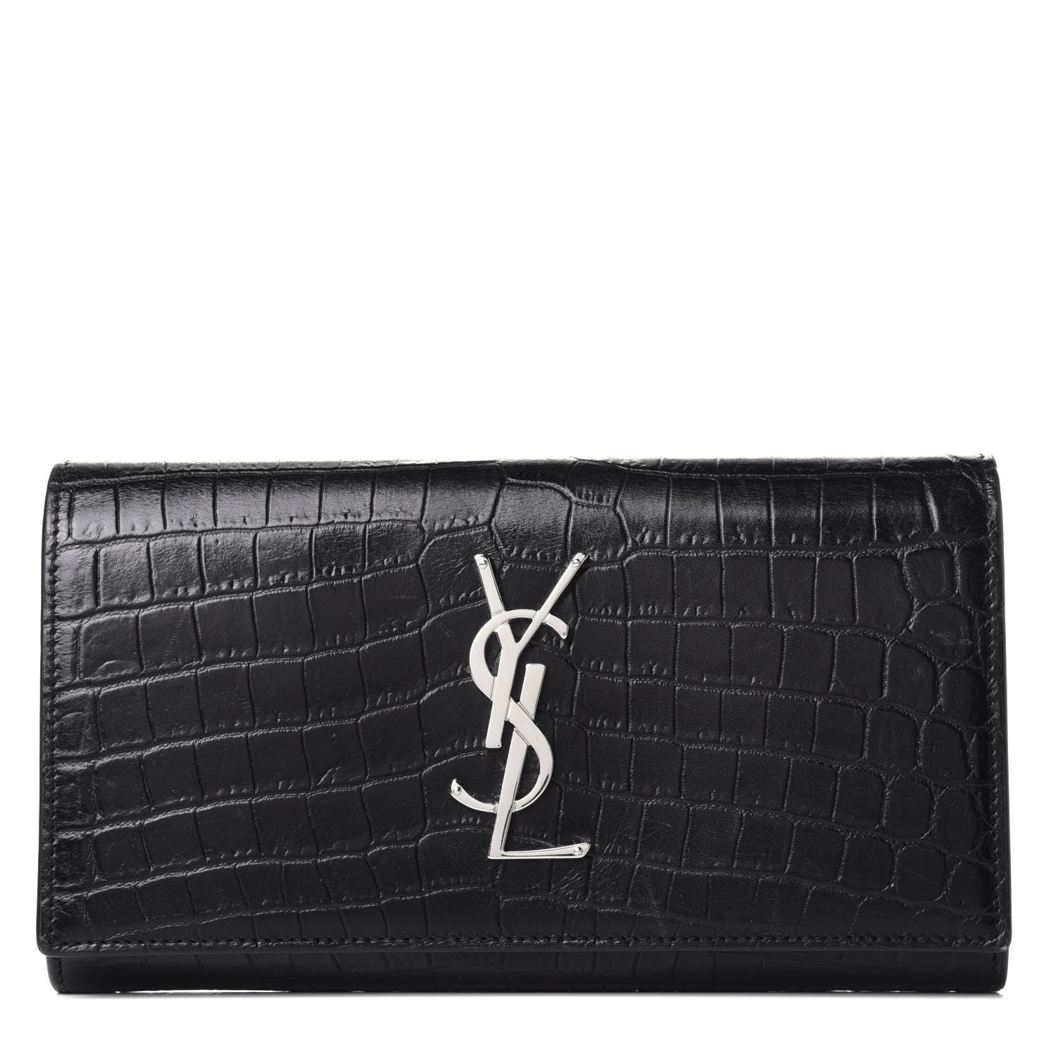 Saint Laurent Calfskin Crocodile Embossed Monogram Flap Wallet Black 1 of 7