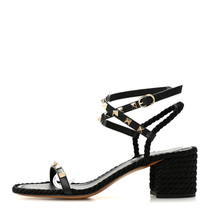 Valentino Garavani Calfskin Rockstud Torchon Rope 65mm Sandals 39 Black 1 of 10