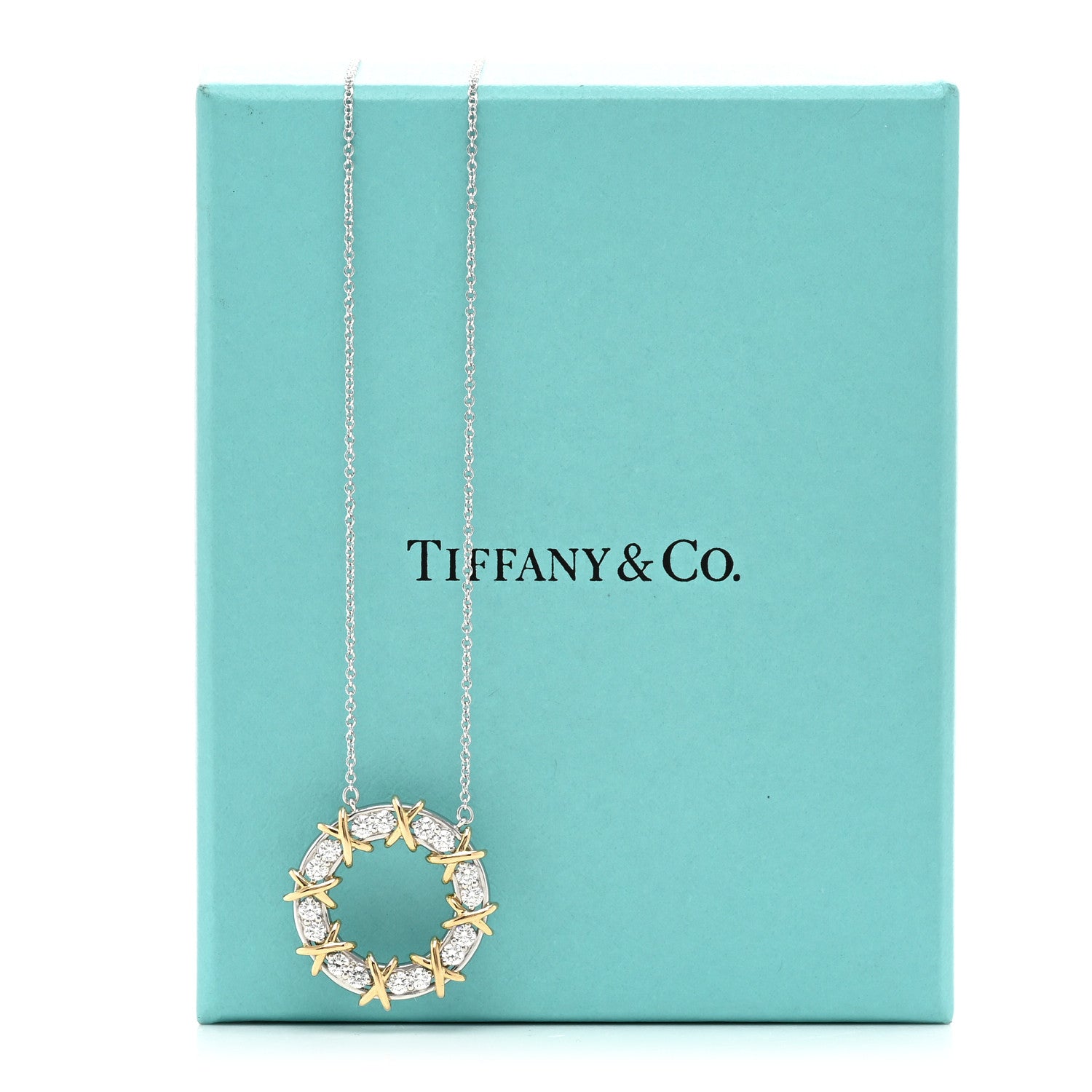 Tiffany 18K Yellow Gold Platinum Diamond Schlumberger Sixteen Stone Circle Pendant Necklace 5 of 5