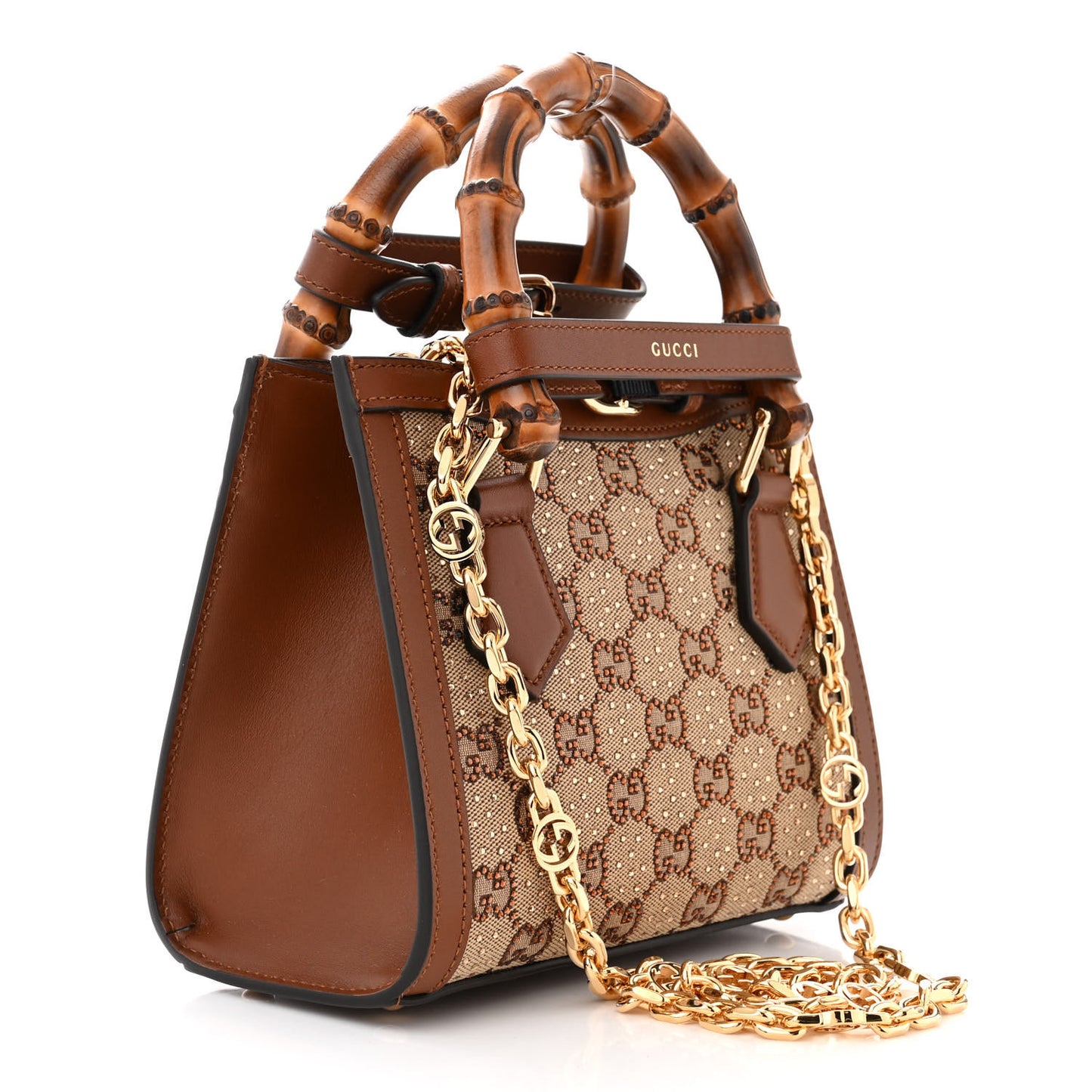 New Canvas Charisma Calfskin Crystal GG Monogram Mini Diana Tote Bag Camel Ebony