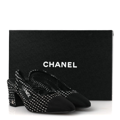 Chanel Tweed Grosgrain Cap Toe CC Slingback Pumps 35 Black White 12 of 12