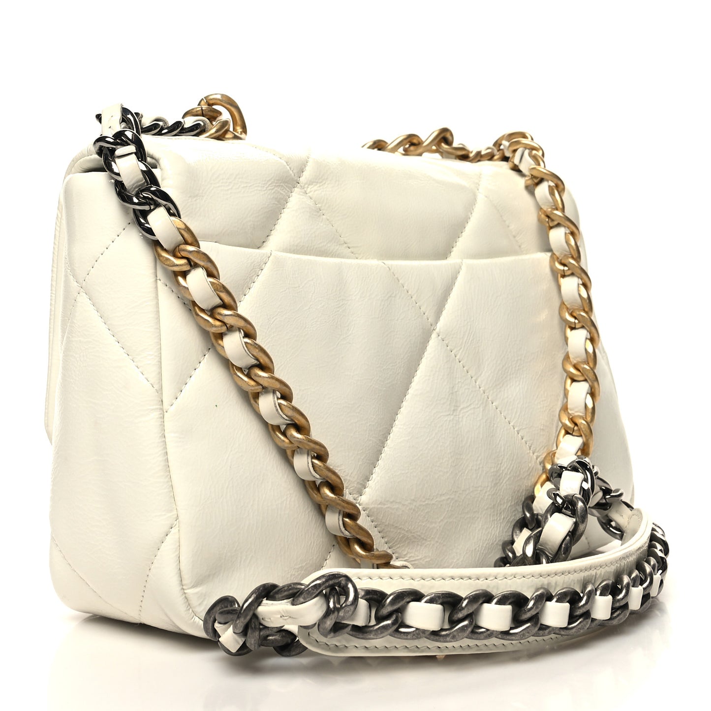 Shiny Crumpled Calfskin Quilted Medium Chanel 19 Flap White
