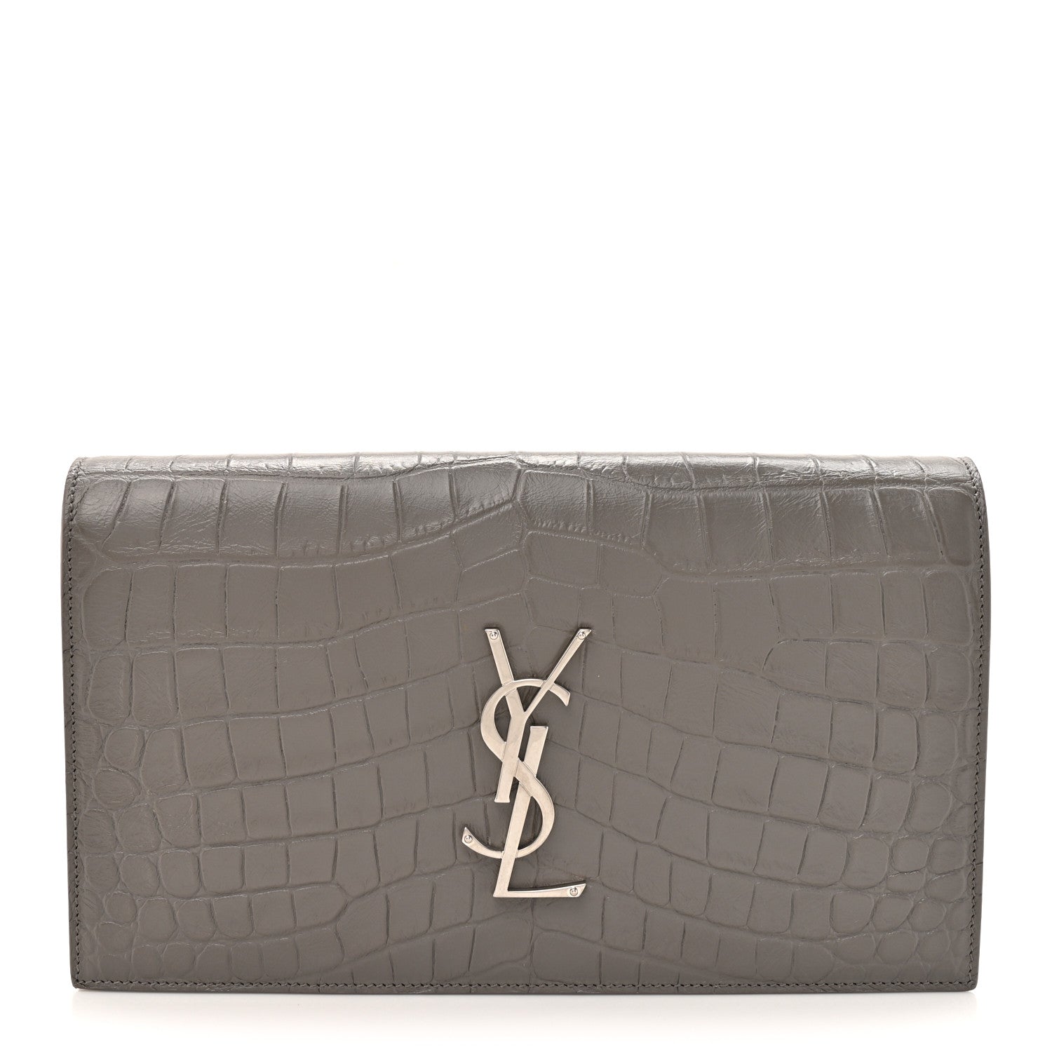 Saint Laurent Croc Embossed Calfskin Classic Kate Monogram Clutch Fog 1 of 10