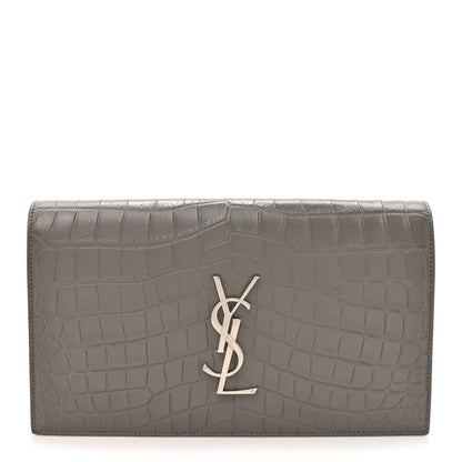 Saint Laurent Croc Embossed Calfskin Classic Kate Monogram Clutch Fog 1 of 10