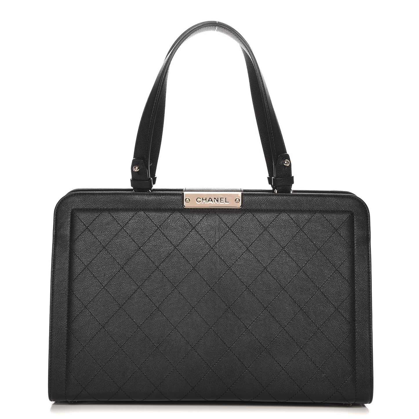 Grained Calfskin Stitched Large Label Click Shopper Tote Black