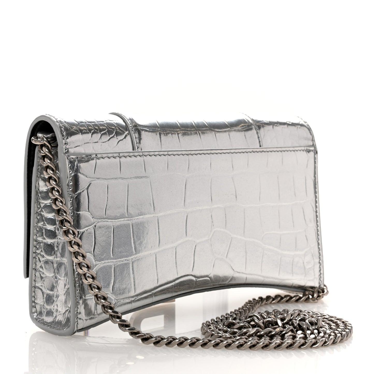 Metallic Calfskin Crocodile Embossed Hourglass Chain Bag Silver