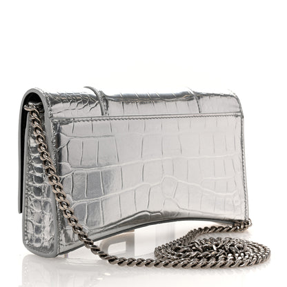 Balenciaga Metallic Calfskin Crocodile Embossed Hourglass Chain Bag Silver 3 of 10
