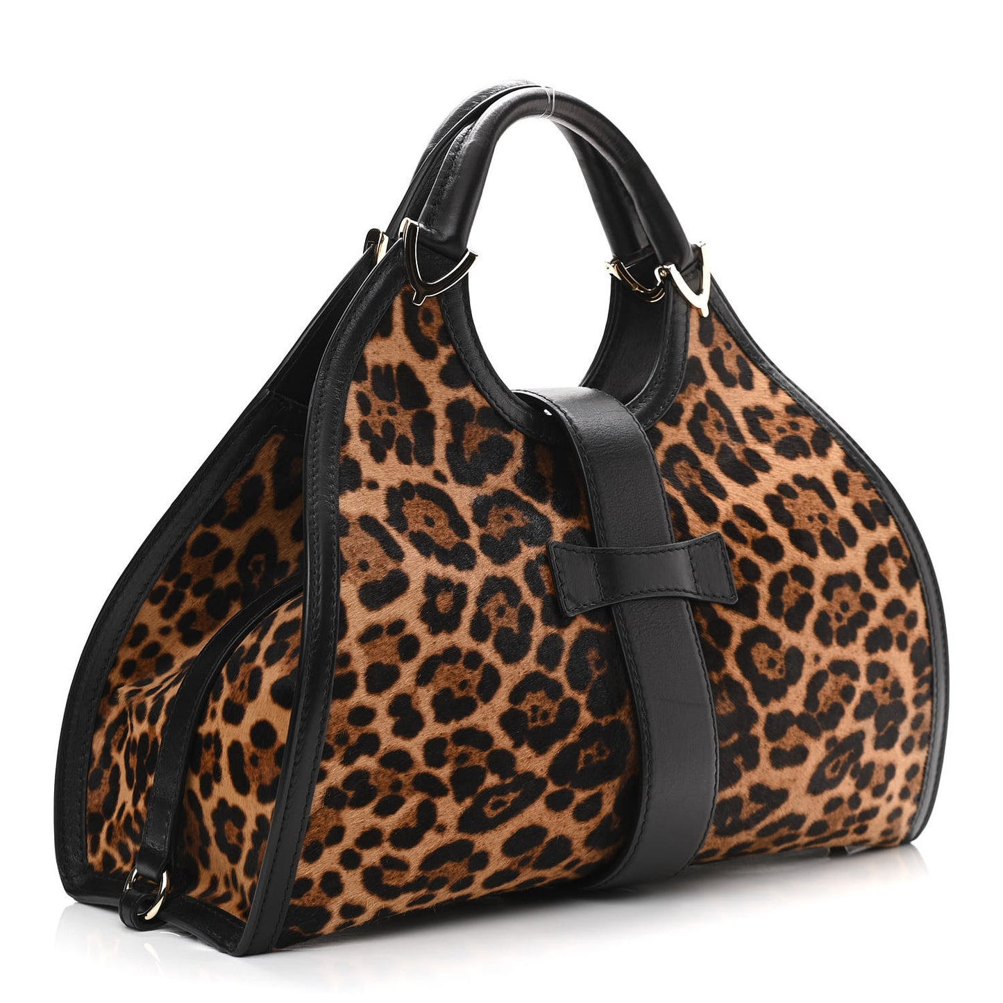 Calf Hair Jaguar Print Medium Stirrup Top Handle Bag Black