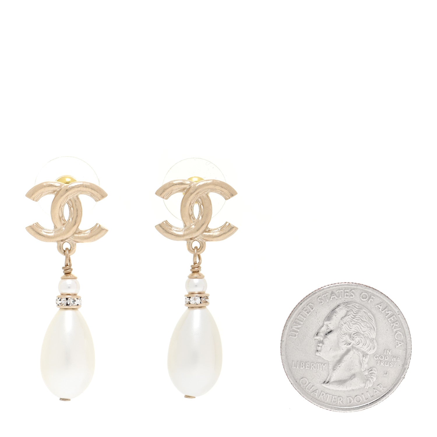 Chanel Crystal Pearl CC Drop Earrings Gold Pearly White 2 of 5