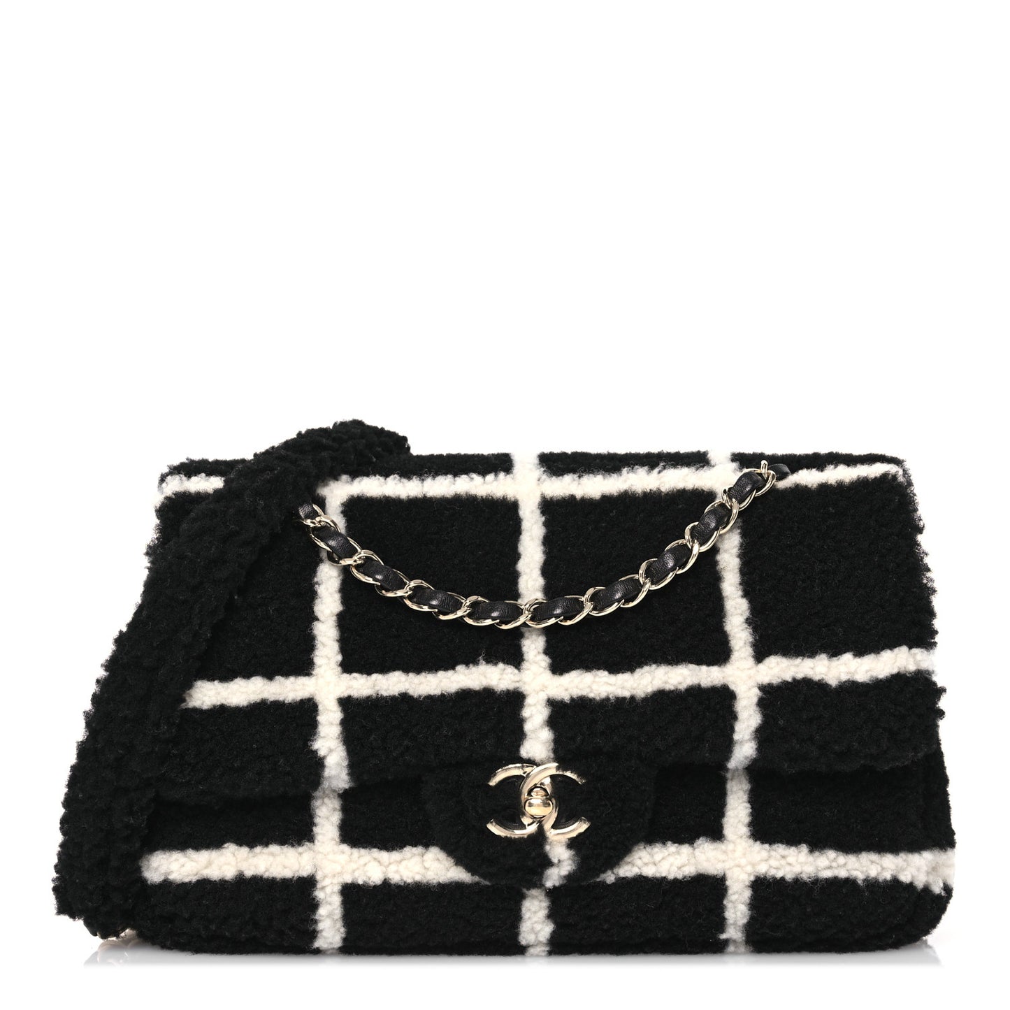 Shearling Lambskin Large Fluffy Tartan Single Flap Black White