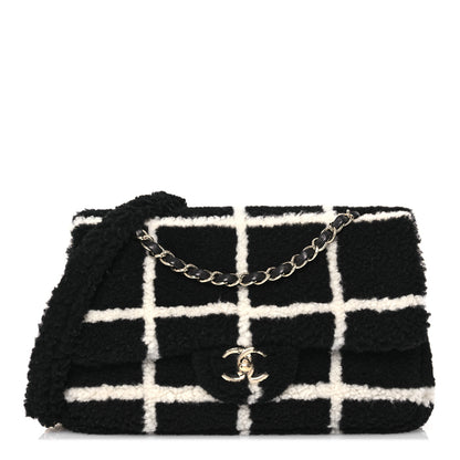 Chanel Shearling Lambskin Large Fluffy Tartan Single Flap Black White 1 of 13